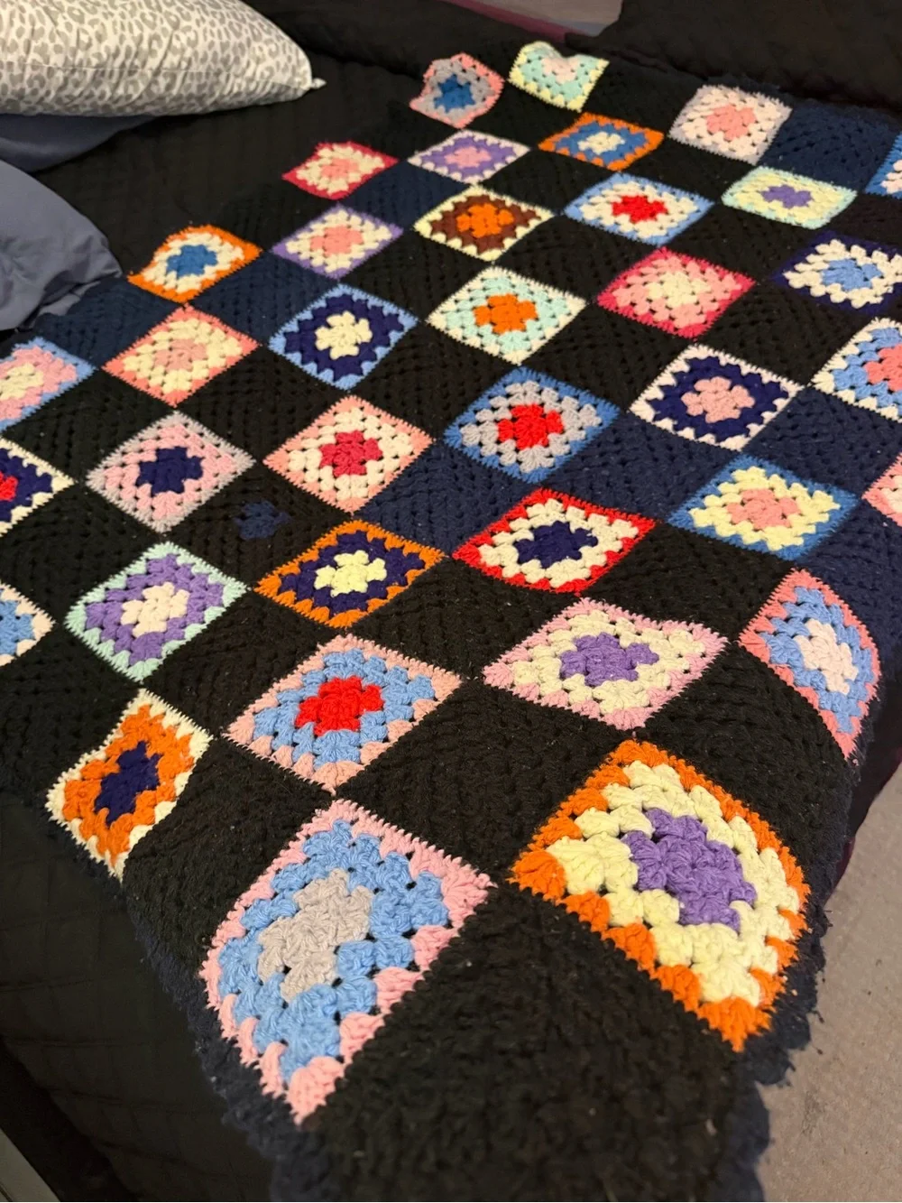 Handmade Black Multi-Color Crochet Granny Square Throw Blanket